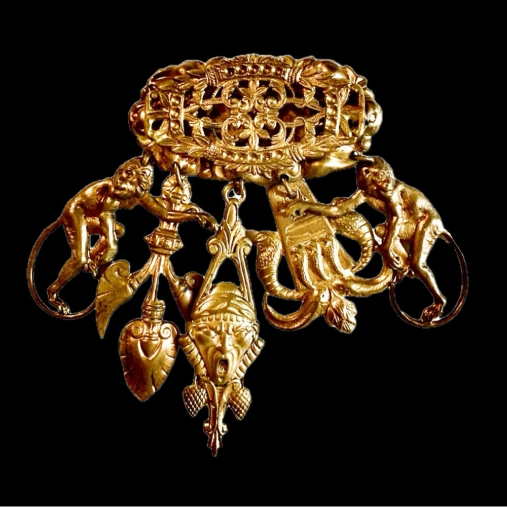 1920’s Antique Egyptian Revival Brooch with Dangling Charms